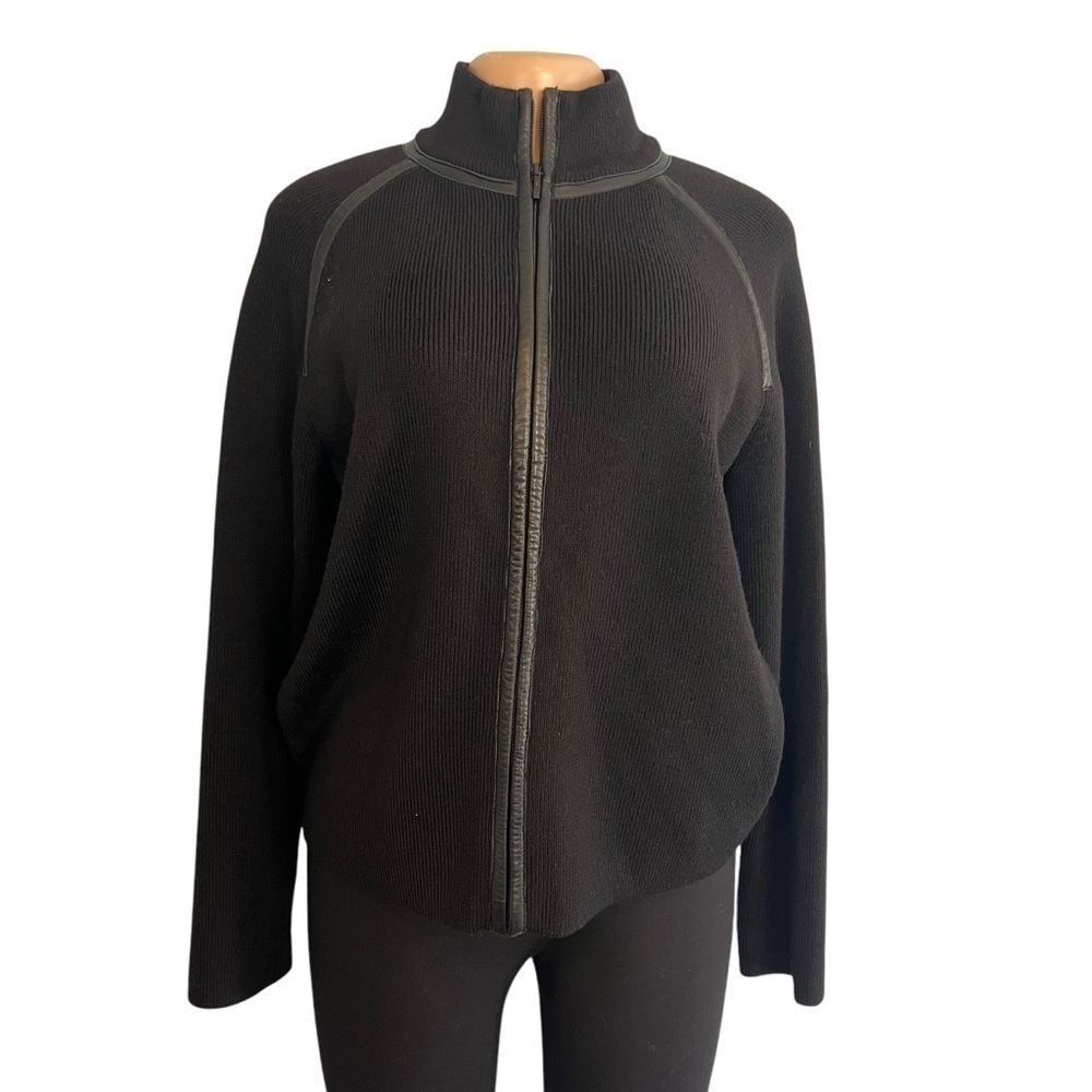 3/$30 ☀️ Pendleton Long Sleeve Full Zip Wool Jacket Black Rib Knit Leather Trim